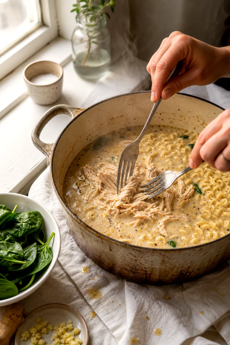 Tender chicken being shredded beside a pot of creamy ramen broth with noodles and spinach nearby
