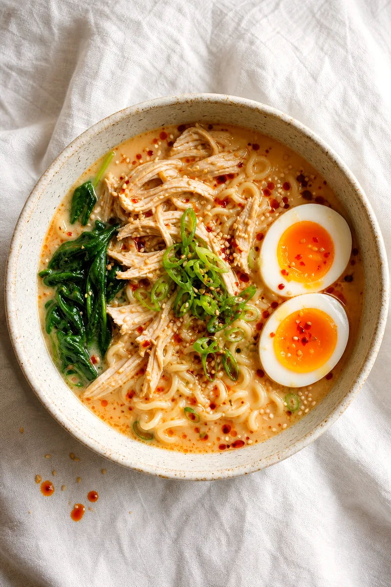 Top down bowl of creamy chicken ramen soup with noodles, shredded chicken, spinach, soft boiled egg, green onions, and chili oil