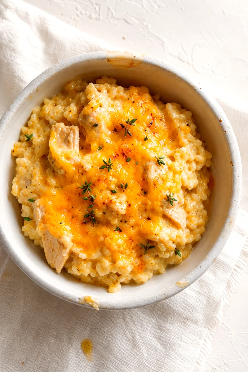 Top down serving of creamy chicken and rice casserole with cheddar and herbs