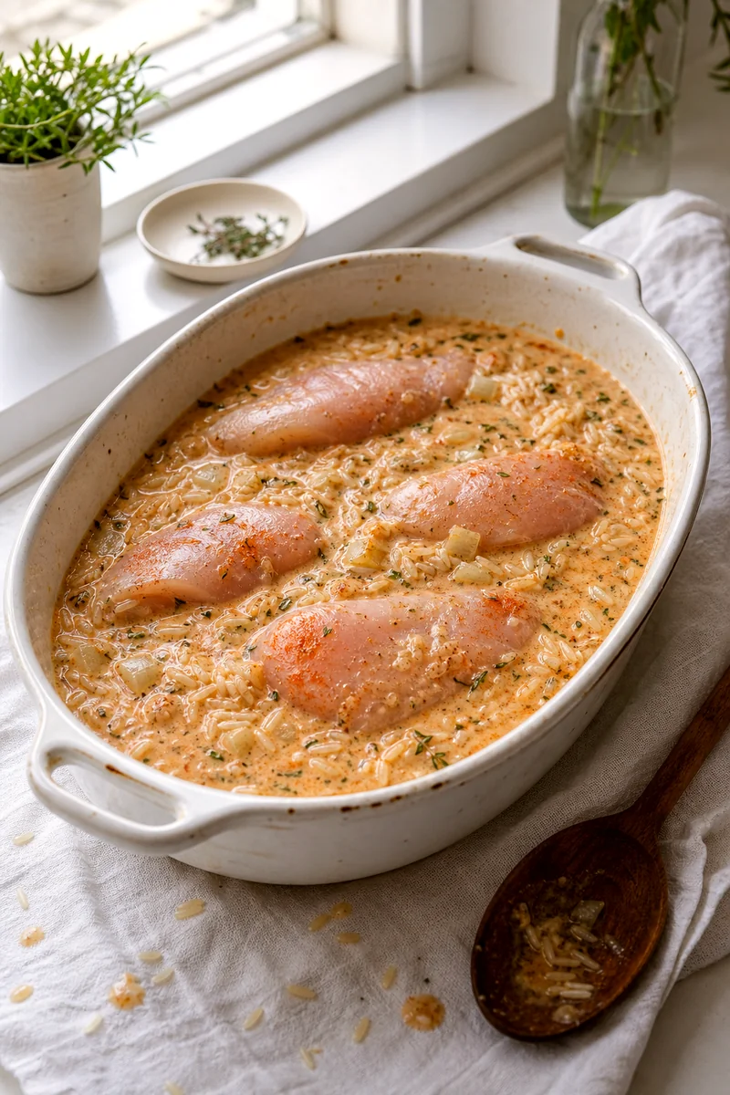 Chicken pieces placed into a creamy rice mixture in a white ceramic baking dish