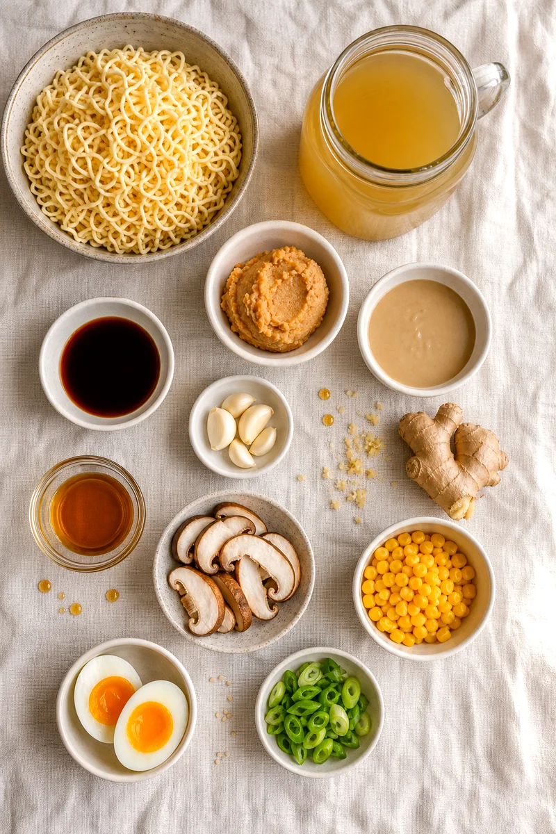 Ramen noodles, broth, miso, tahini, soy sauce, garlic, ginger, mushrooms, corn, eggs, and green onions on white linen