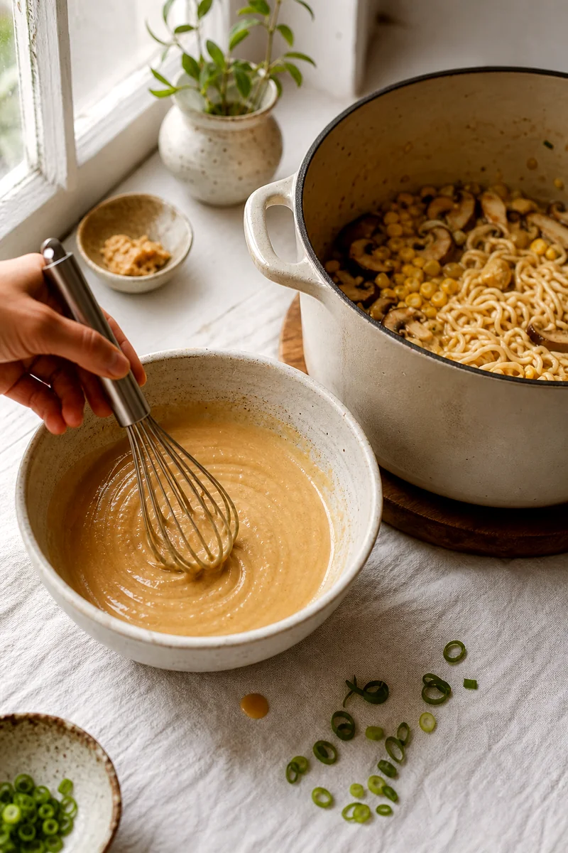 Miso paste and tahini being whisked with hot broth beside a pot of ramen ingredients