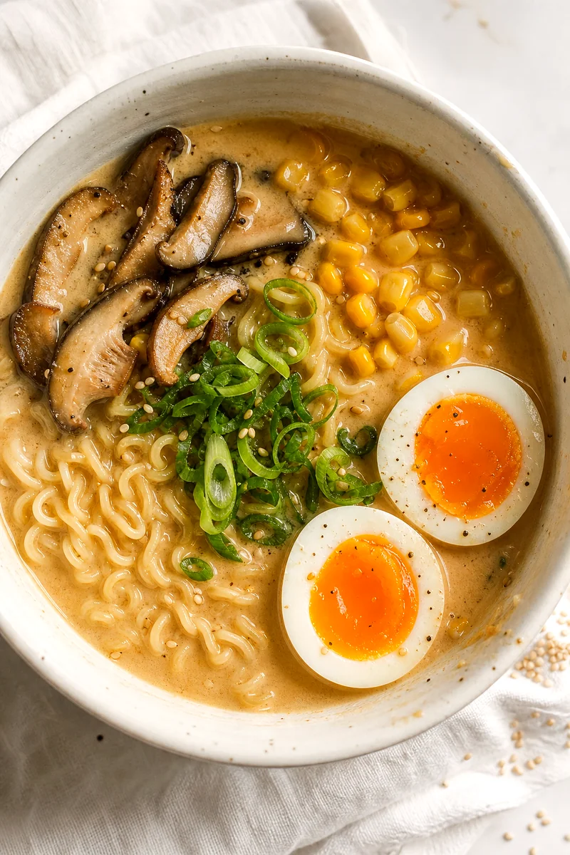 Top down bowl of creamy miso ramen with noodles, corn, mushrooms, jammy egg, and green onions