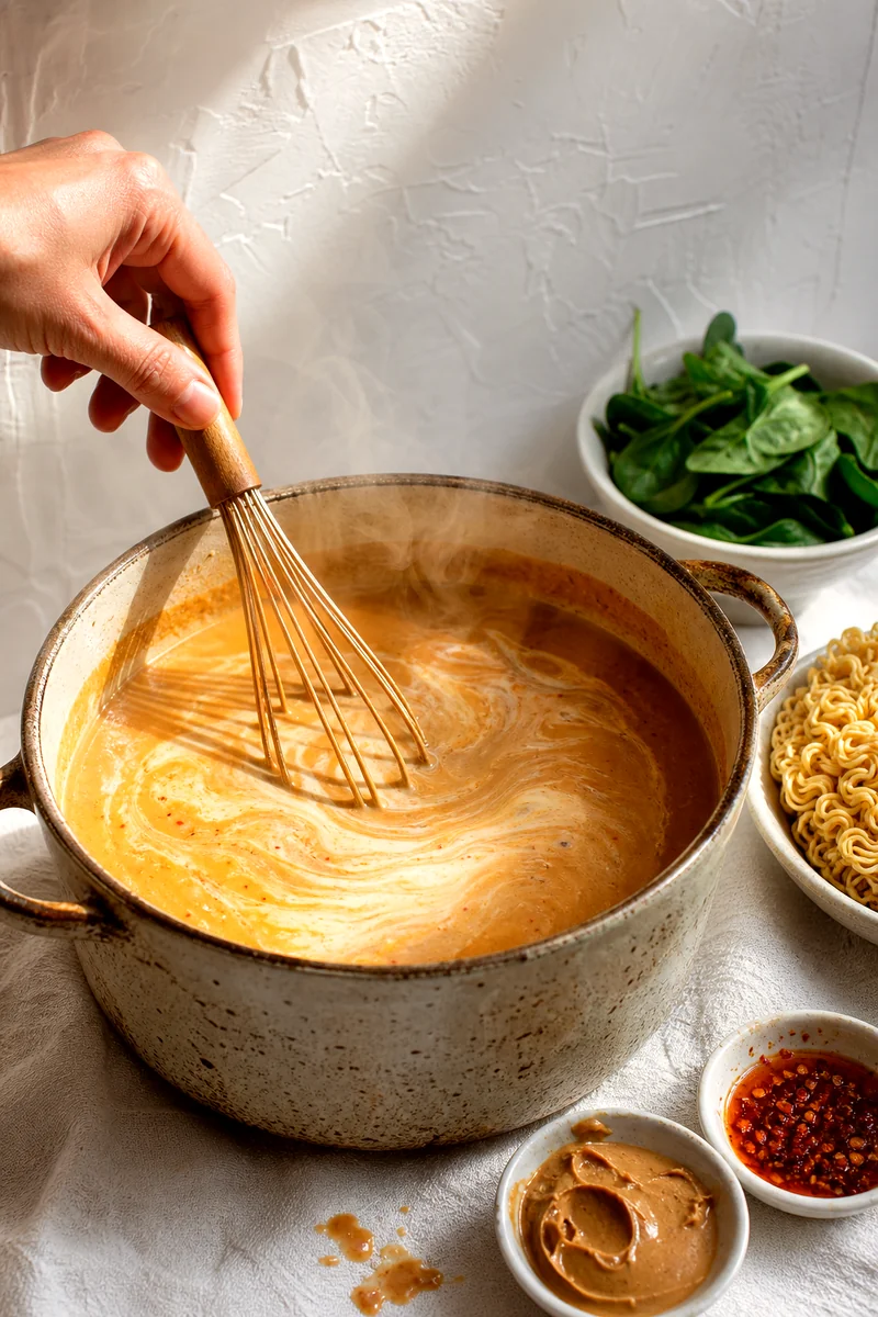 Peanut butter and coconut milk being whisked into a simmering ramen broth