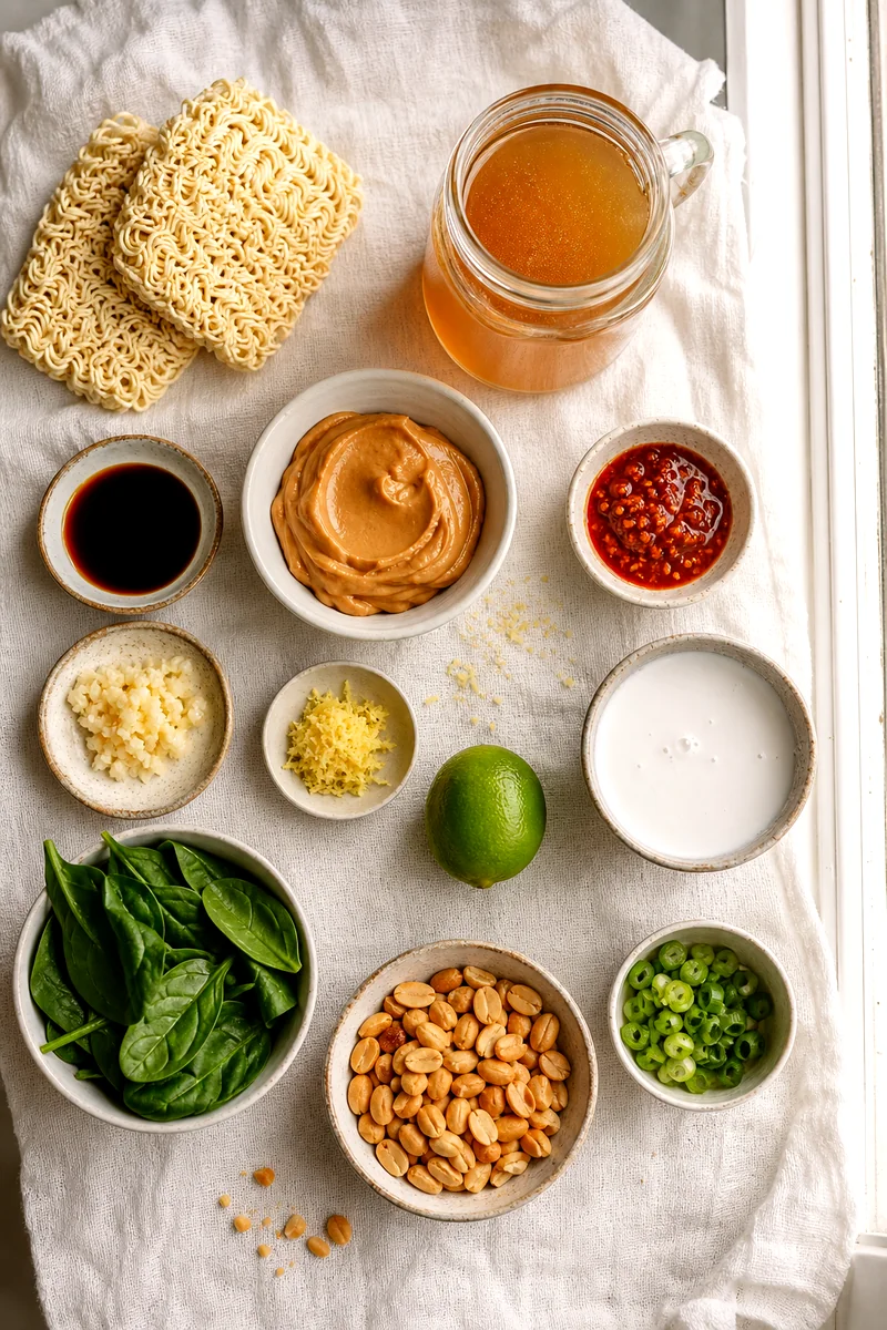 Ramen noodles, broth, peanut butter, coconut milk, spinach, lime, peanuts, and aromatics arranged on white linen