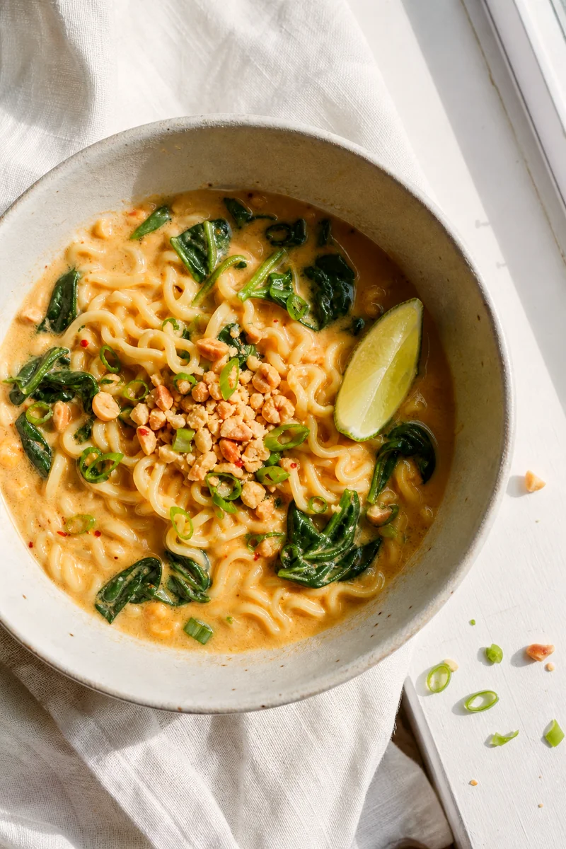 Top-down bowl of creamy peanut ramen soup with noodles, spinach, peanuts, and green onions