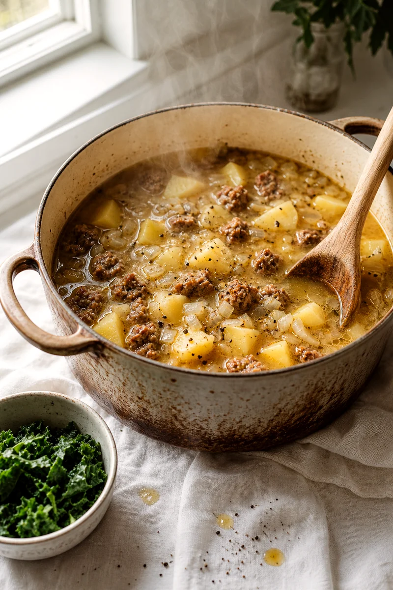 Pot of sausage potato soup simmering with potatoes, onion, garlic, and broth