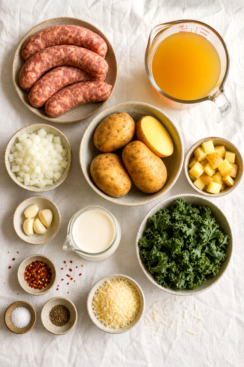Italian sausage, potatoes, kale, cream, broth, Parmesan, onion, garlic, and seasonings on white linen