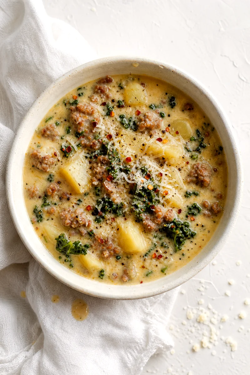 Top down bowl of creamy sausage potato soup topped with kale, Parmesan, and red pepper flakes