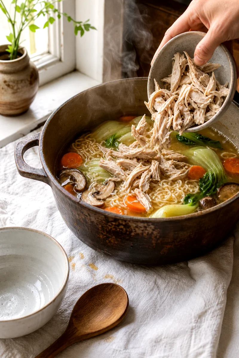 Shredded chicken being added to simmering ramen broth with carrots, mushrooms, and bok choy
