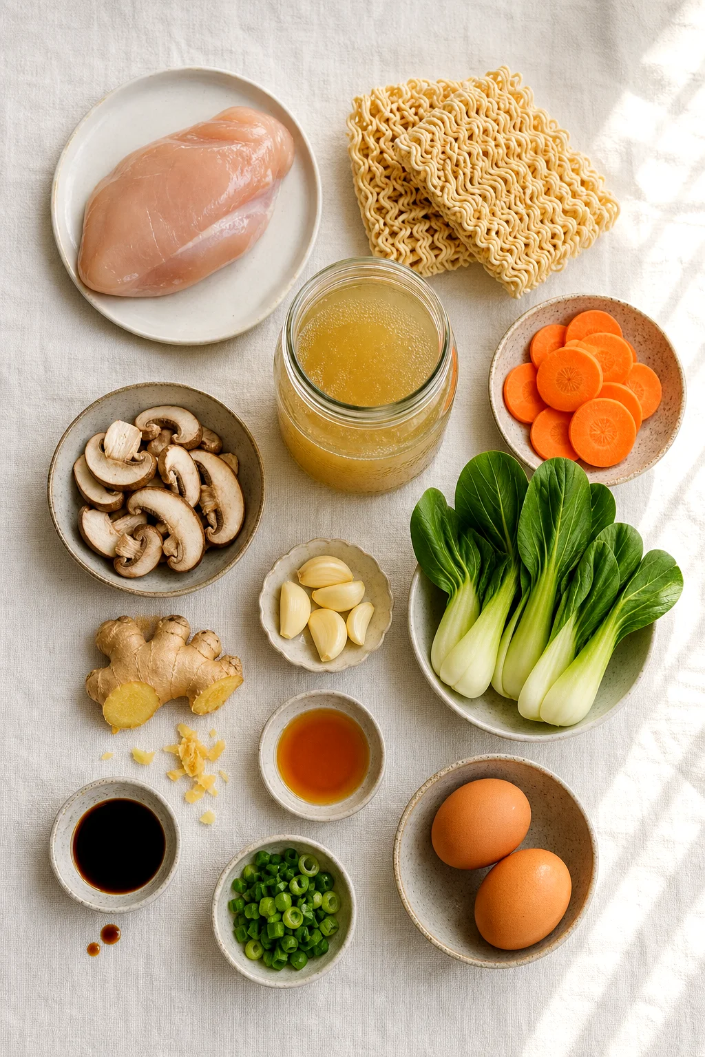 Chicken breast, ramen noodles, broth, vegetables, aromatics, soy sauce, sesame oil, green onions, and eggs arranged on white linen