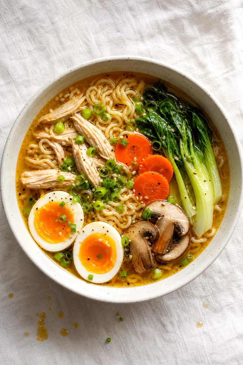 Top down bowl of chicken ramen with noodles, shredded chicken, bok choy, carrots, mushrooms, egg, and green onions