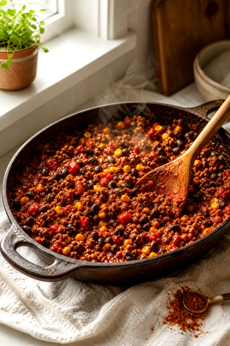 Skillet of seasoned beef, black beans, corn, and salsa being stirred with a wooden spoon