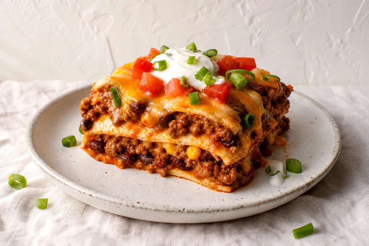 Slice of taco casserole with beef, beans, corn, cheese, tomatoes, sour cream, and green onions