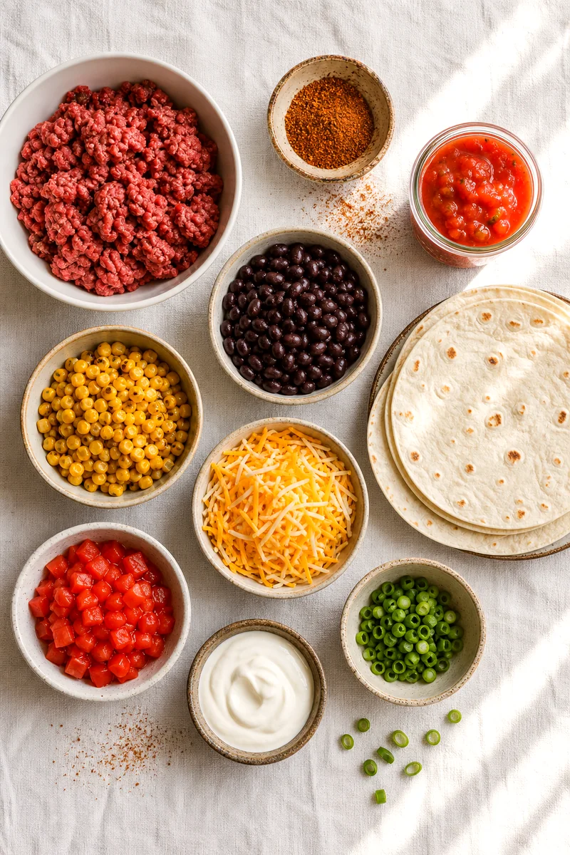 Ground beef, tortillas, cheese, beans, corn, salsa, tomatoes, sour cream, green onions, and taco seasoning