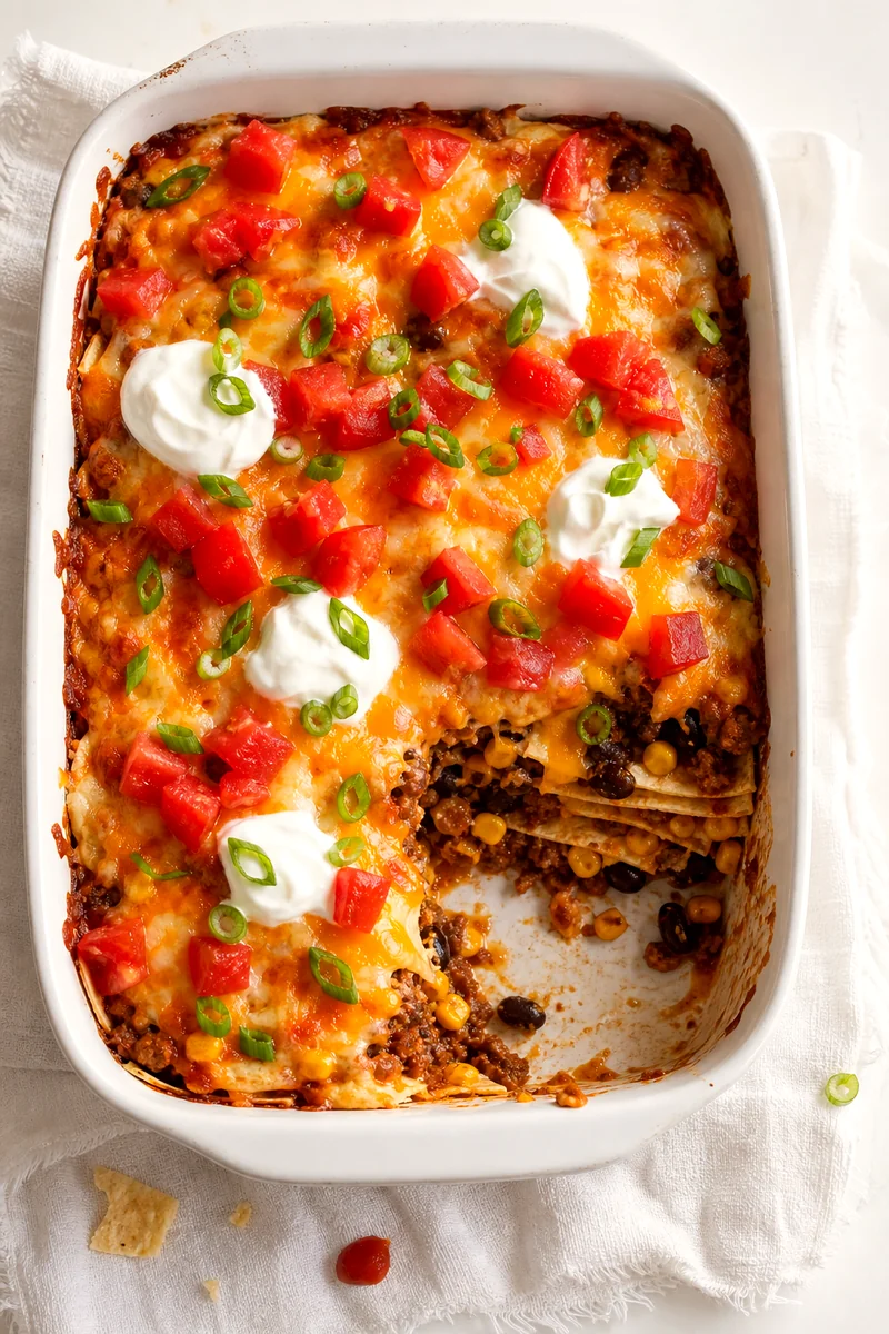 Baked taco casserole with melted cheese, tomatoes, sour cream, and green onions in a white dish