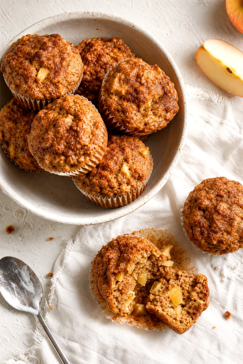 Golden apple bran muffins with one torn open on white linen