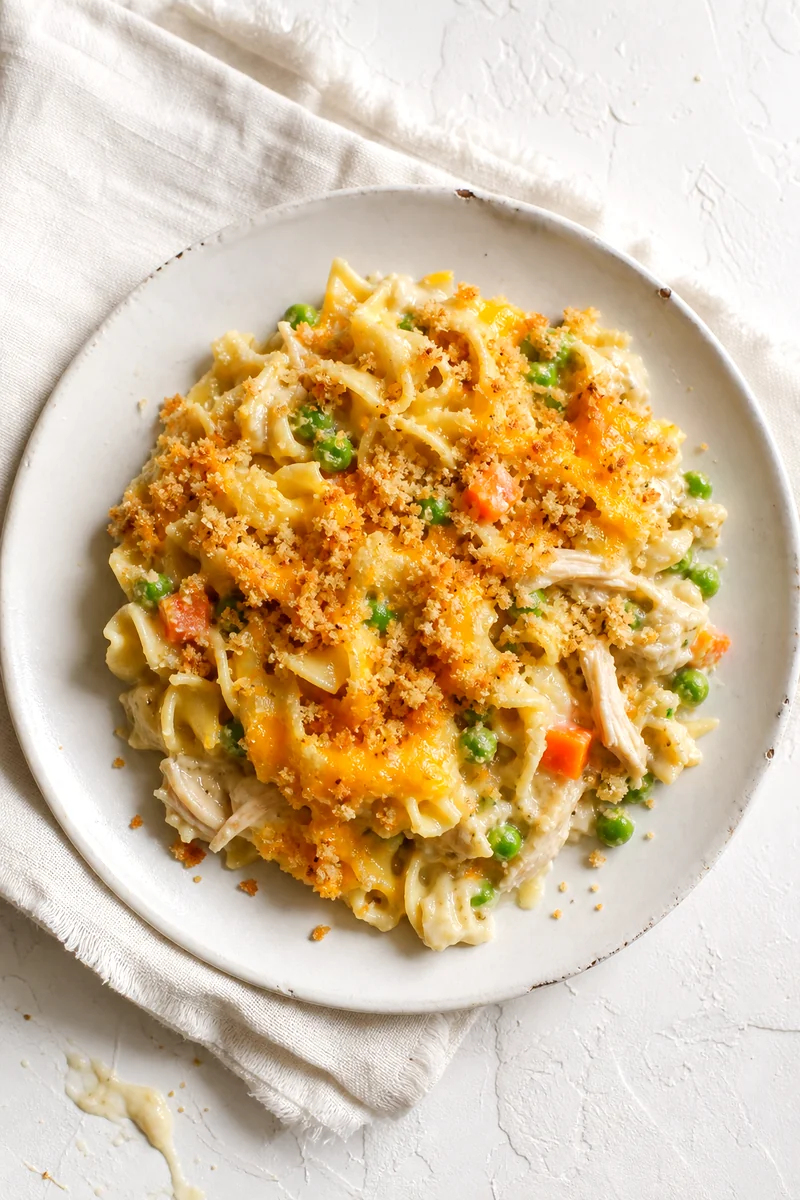Top down serving of creamy chicken noodle casserole with vegetables and golden breadcrumb topping