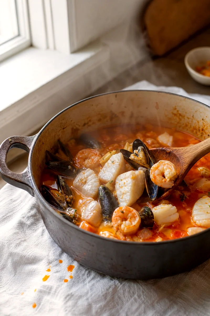 White fish, mussels, and shrimp being added to a simmering tomato saffron bouillabaisse broth