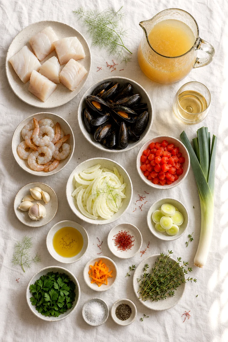 Seafood, fennel, leek, tomatoes, saffron, orange zest, herbs, broth, and wine arranged on white linen
