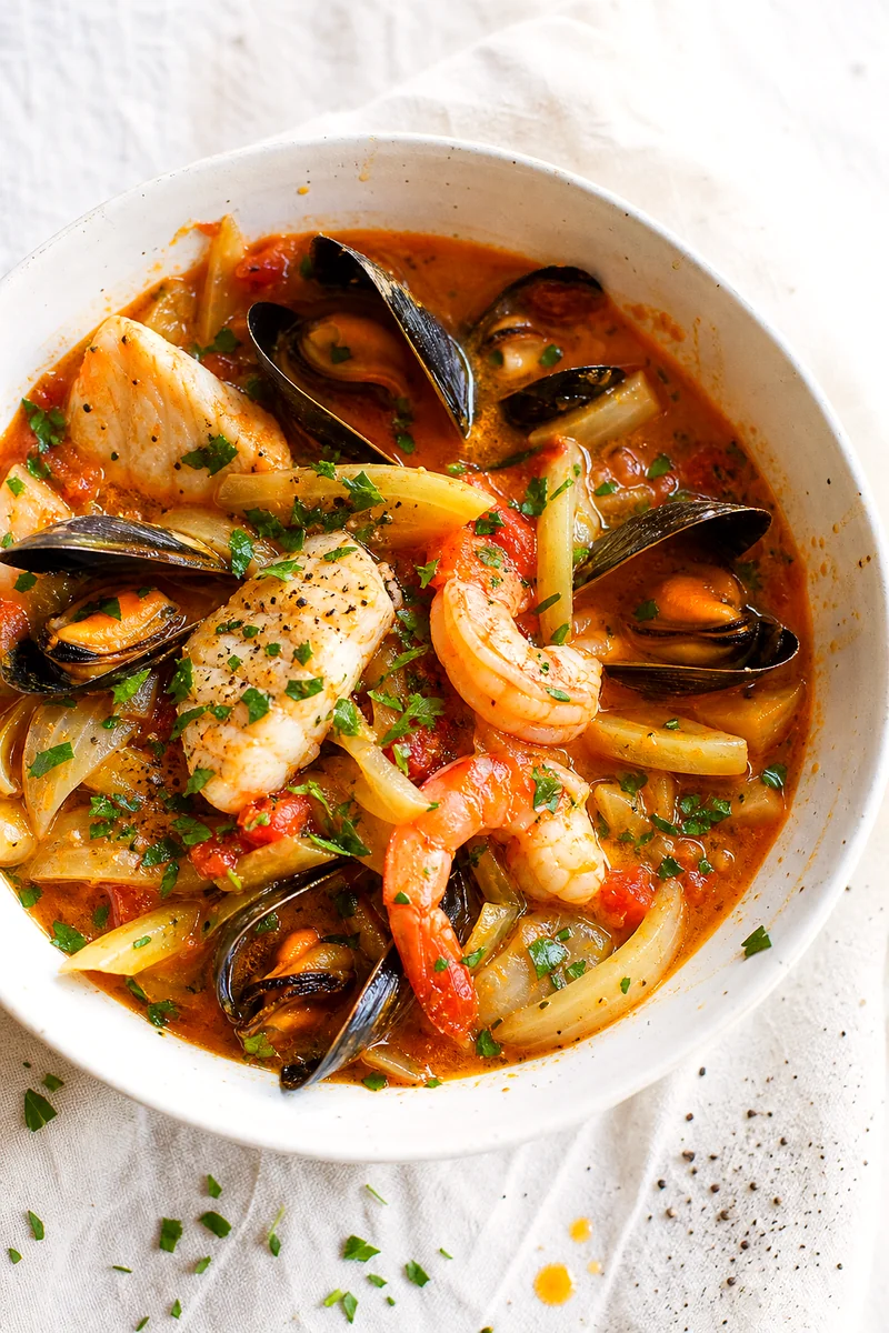Top-down bowl of bouillabaisse with mussels, shrimp, white fish, parsley, and golden tomato broth