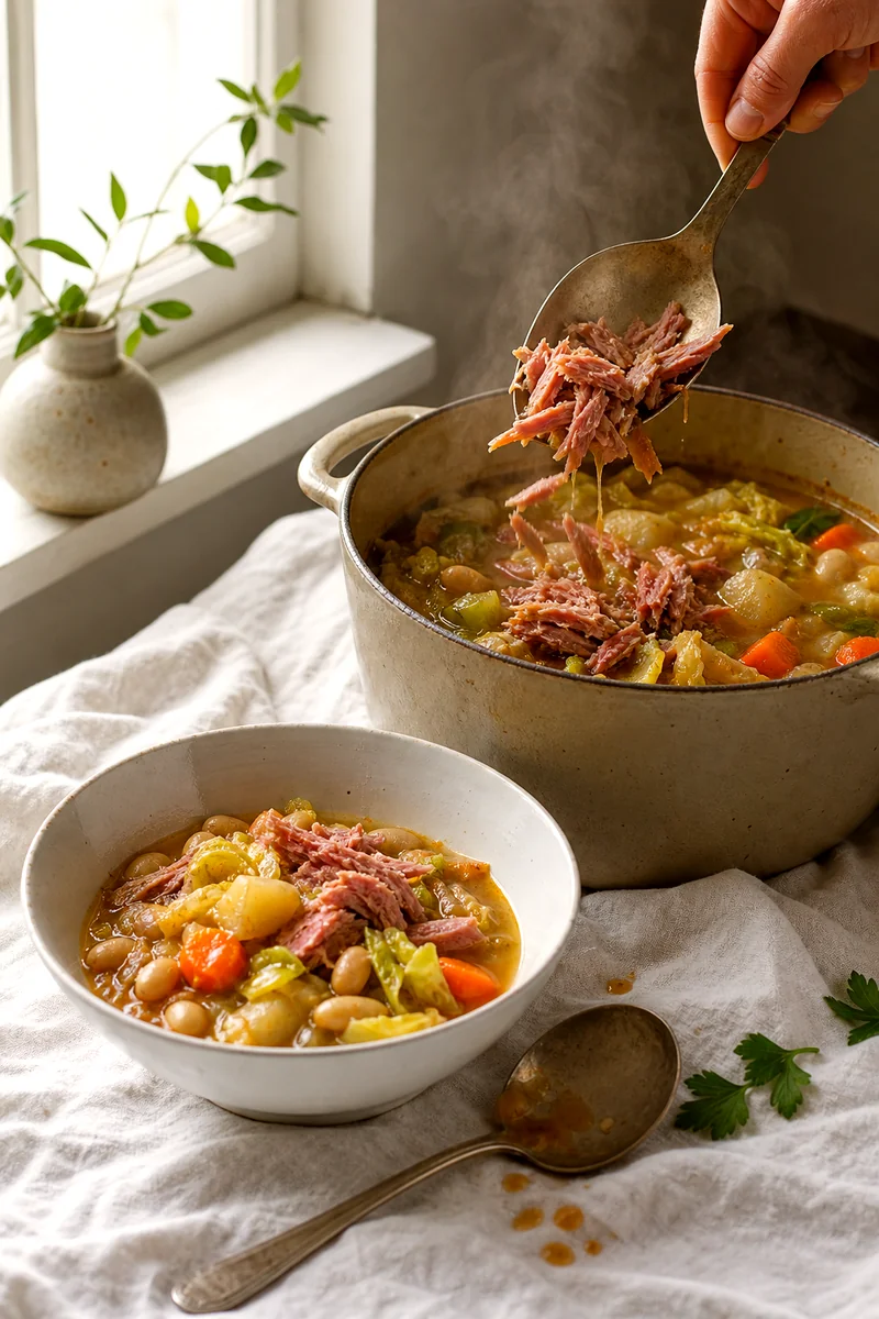 Shredded meat being added back to a simmering pot of cabbage and white bean soup