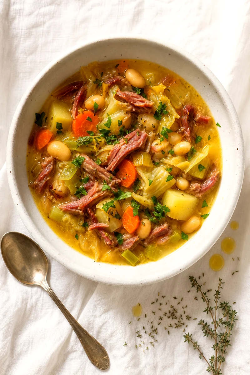 Top down view of hearty French Garbure with cabbage, white beans, potatoes, carrots, shredded meat, and parsley