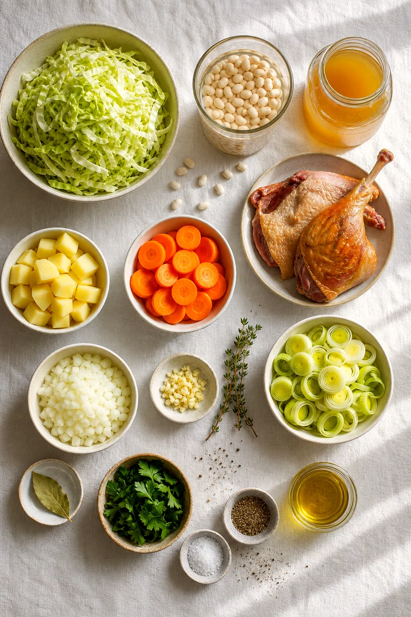 Cabbage, white beans, potatoes, carrots, leeks, onion, garlic, meat, broth, and herbs arranged for soup