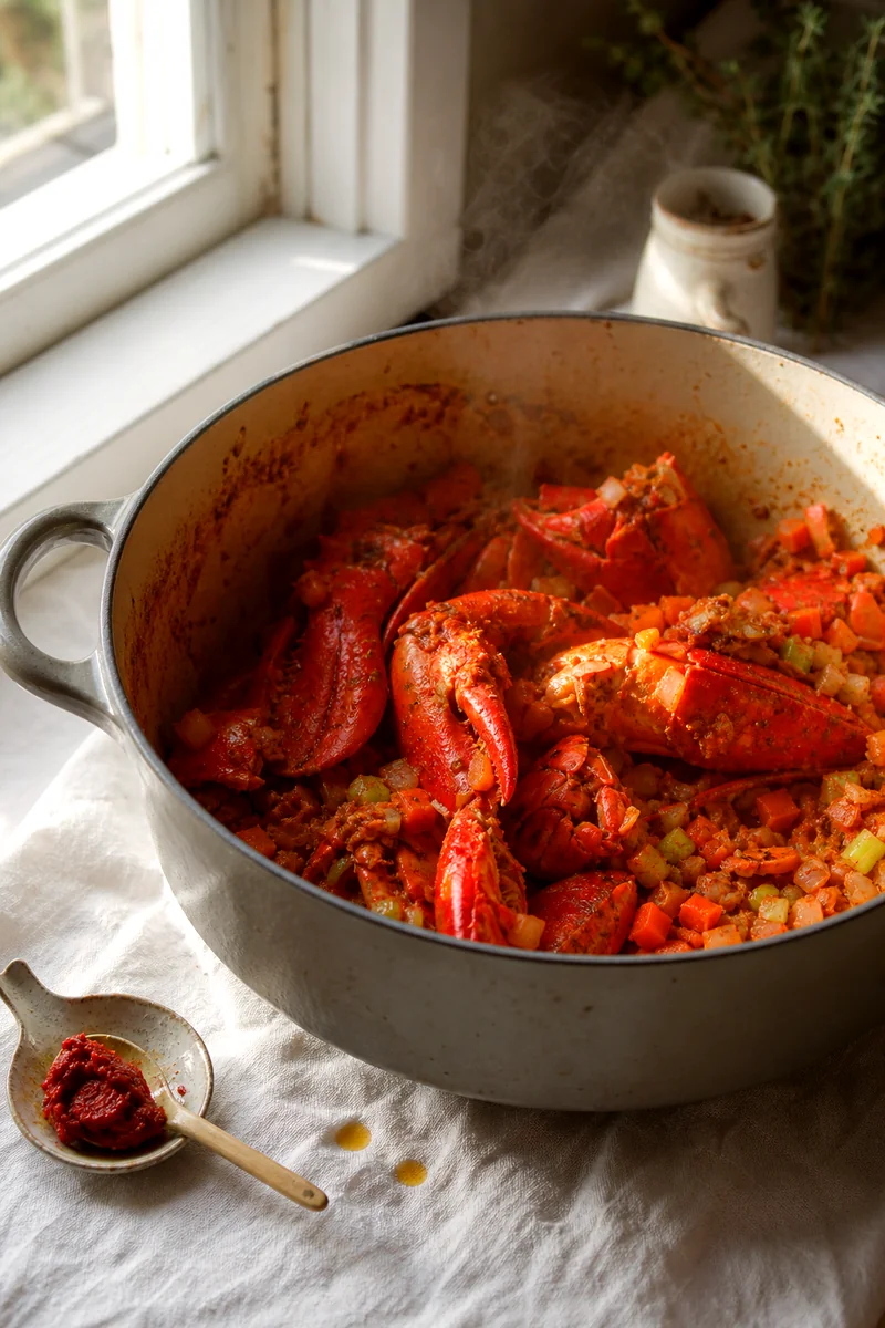 Lobster shells and vegetables sizzling with tomato paste in a rustic pot