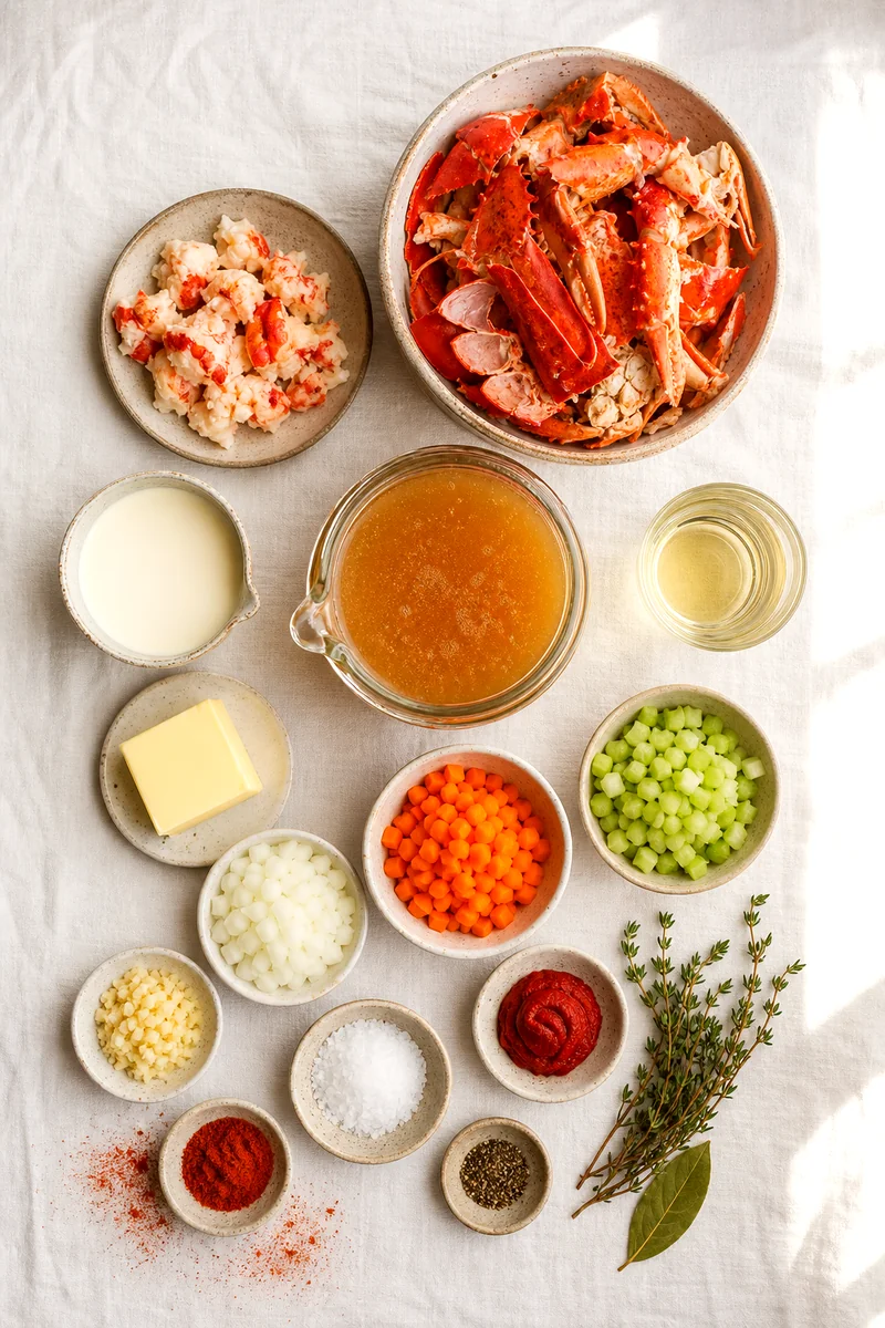 Lobster shells, lobster meat, vegetables, broth, cream, wine, herbs, and spices arranged on white linen