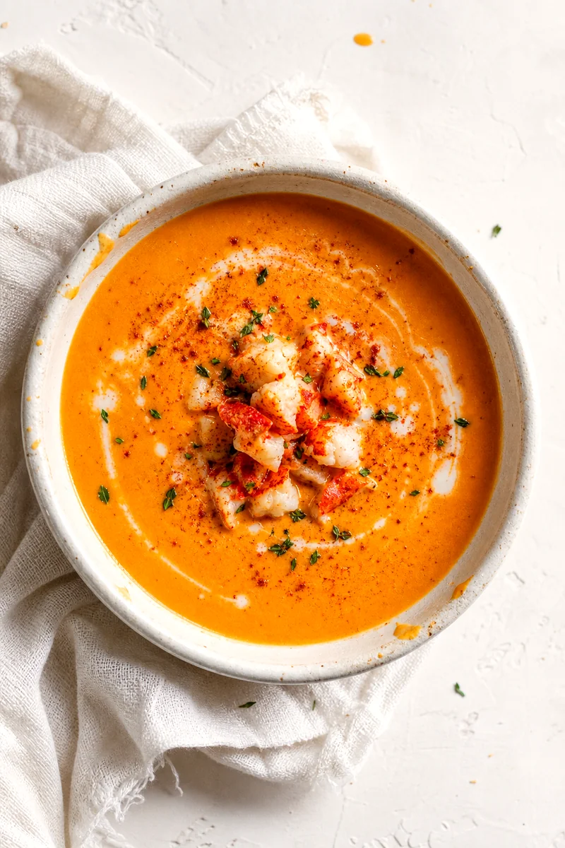 Creamy lobster bisque topped with lobster meat, thyme, cream swirl, and paprika