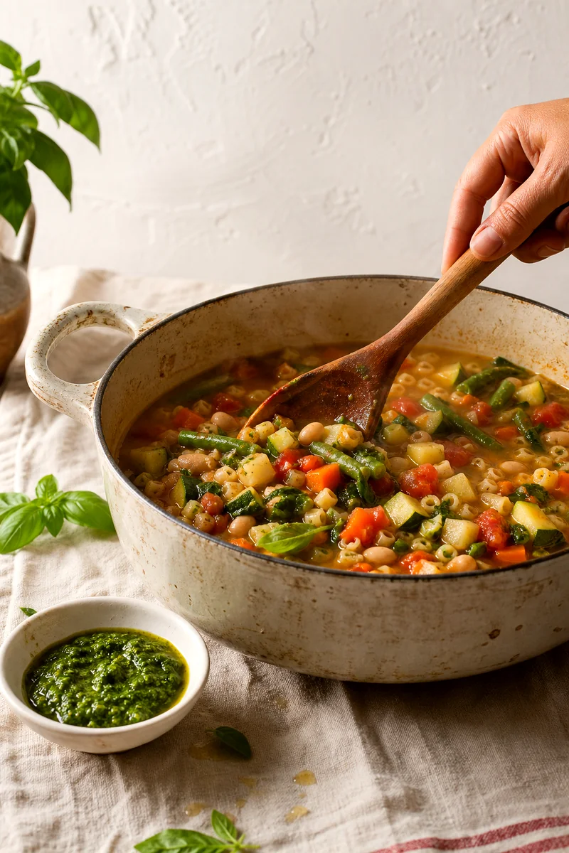 Vegetable soup with beans and pasta simmering in a pot beside a bowl of basil pistou