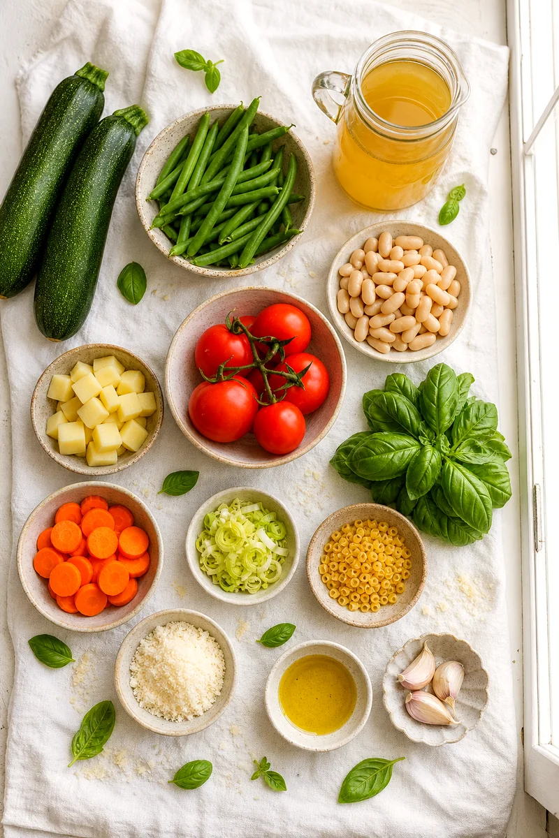 Zucchini, green beans, white beans, tomatoes, potatoes, leek, pasta, basil, garlic, Parmesan, broth, and olive oil arranged on white linen