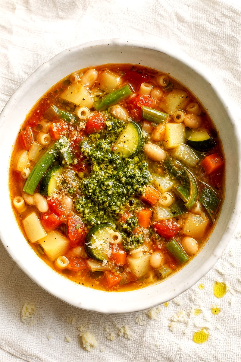 Top-down bowl of French vegetable soup with white beans, pasta, vegetables, and basil pistou