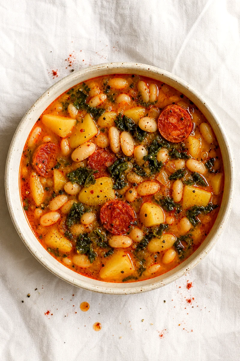 Top view of Galician bean and potato soup with greens, chorizo, and paprika oil