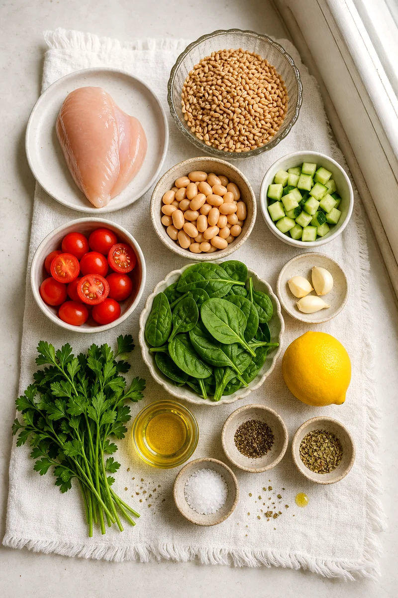 Chicken breast, farro, white beans, cucumber, tomatoes, spinach, garlic, lemon, parsley, and olive oil arranged on white linen