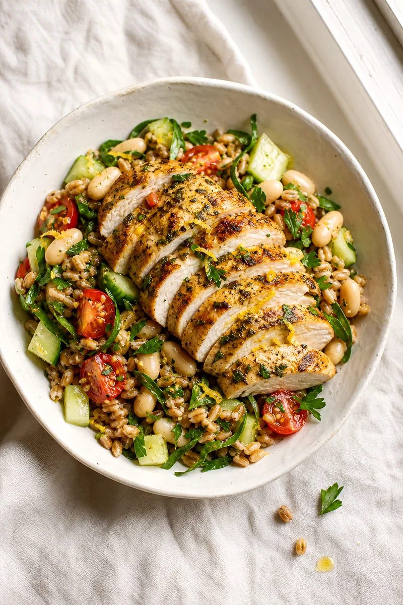Top view of sliced garlic herb chicken on farro salad with white beans, cucumber, tomatoes, spinach, and parsley