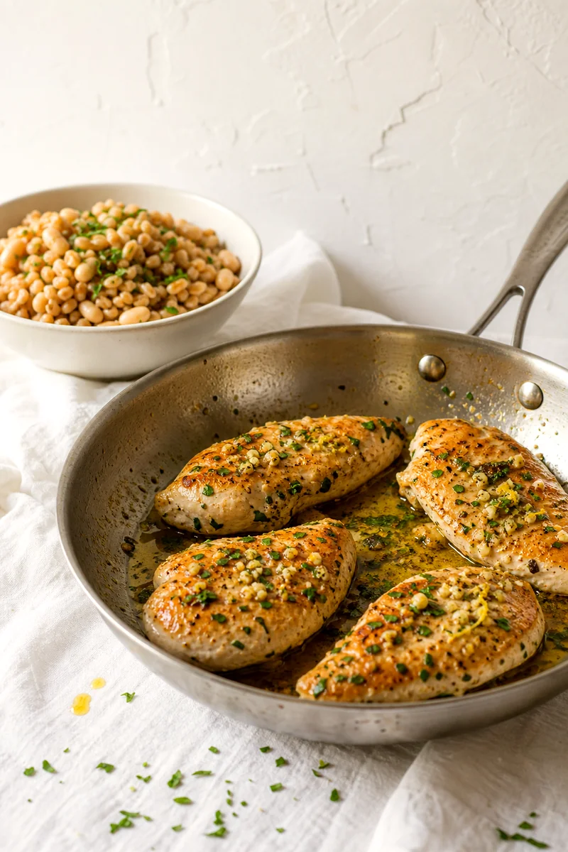Garlic herb chicken breasts searing in a skillet with parsley, lemon zest, and olive oil