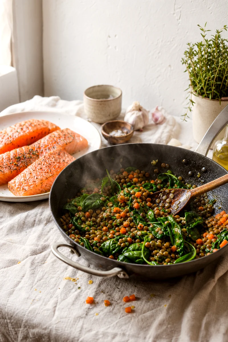 Carrots, garlic, lentils, and spinach cooking in a skillet beside seasoned salmon fillets