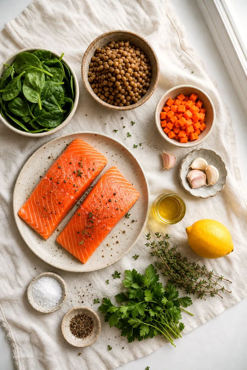 Raw salmon, cooked lentils, spinach, carrots, garlic, lemon, olive oil, parsley, and thyme arranged on white linen