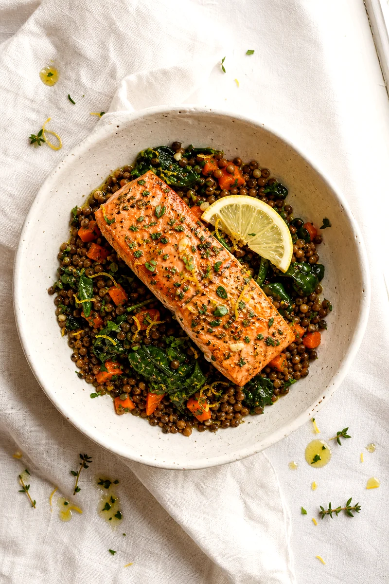 Top down bowl of garlic herb salmon over lentils, spinach, carrots, parsley, thyme, and lemon