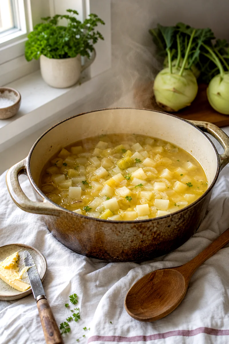 Diced kohlrabi and potatoes simmering in broth with onion and garlic in a rustic pot
