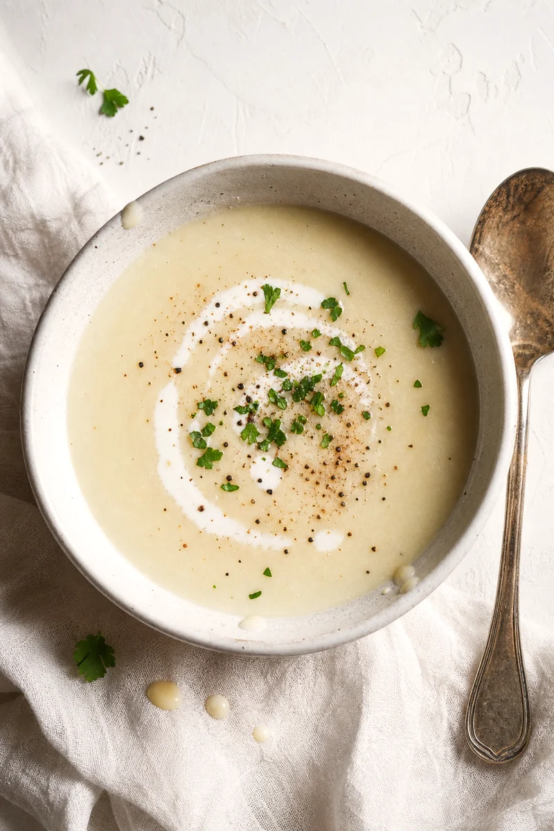 Top-down bowl of smooth creamy kohlrabi soup garnished with parsley, pepper, nutmeg, and cream