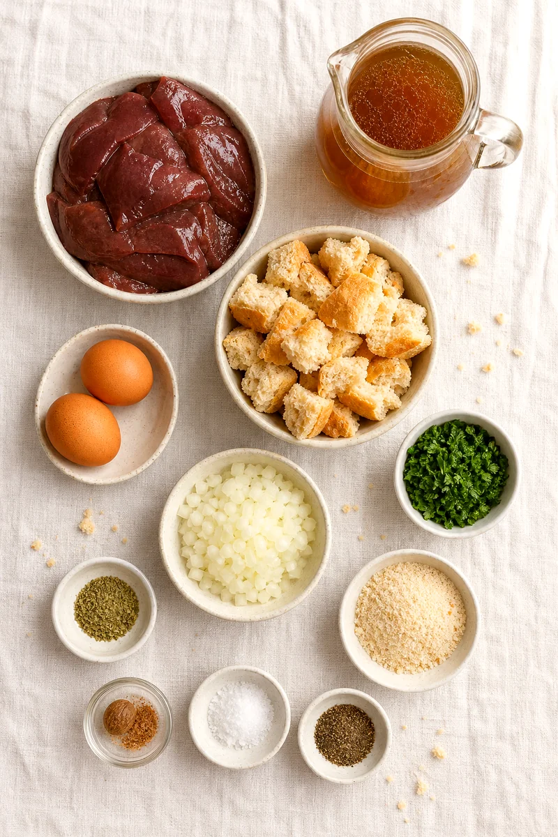 Beef liver, bread rolls, eggs, onion, herbs, breadcrumbs, broth, and spices arranged on white linen