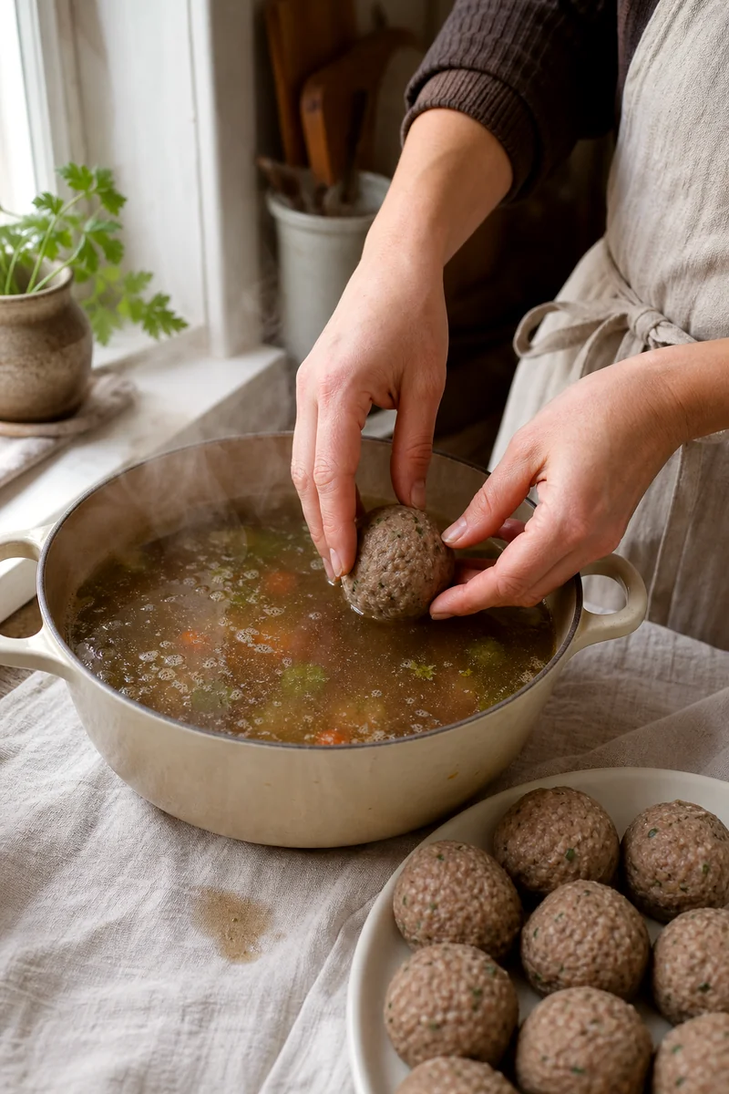 Hands lowering a liver dumpling into gently simmering beef broth