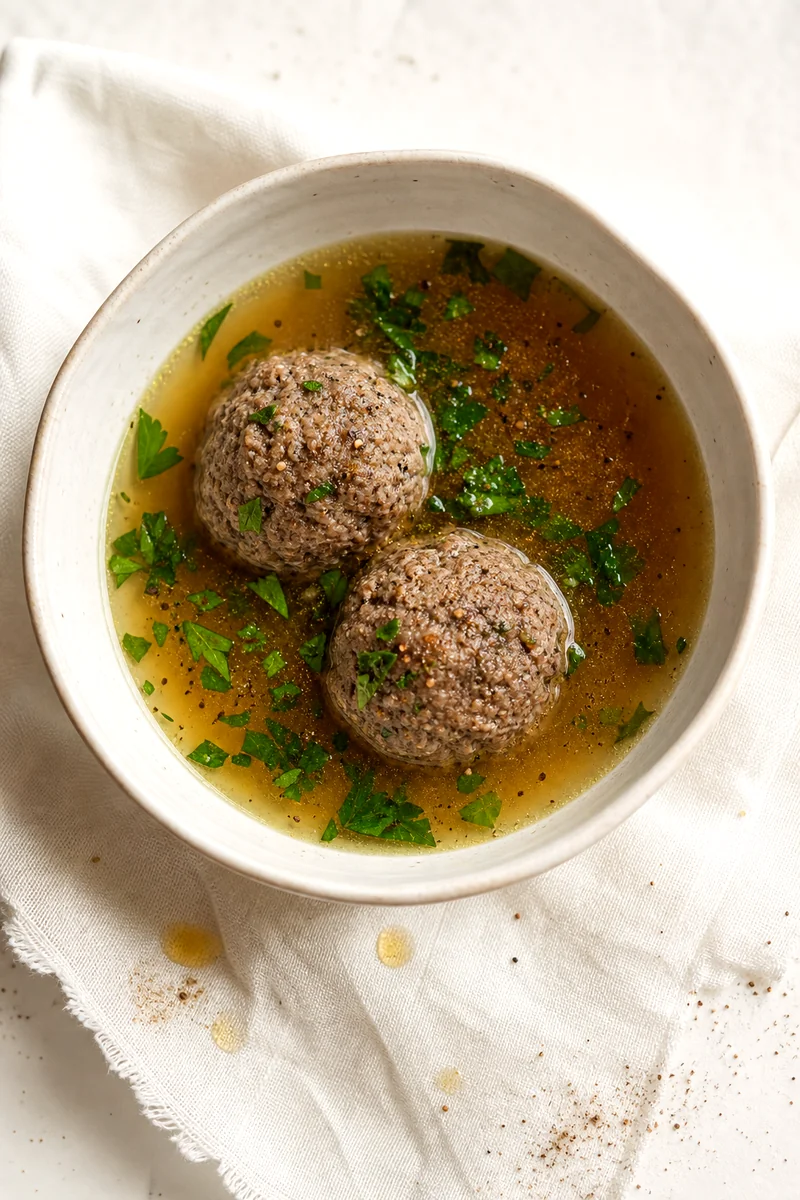 Top down view of liver dumpling soup with parsley and clear broth in a white bowl