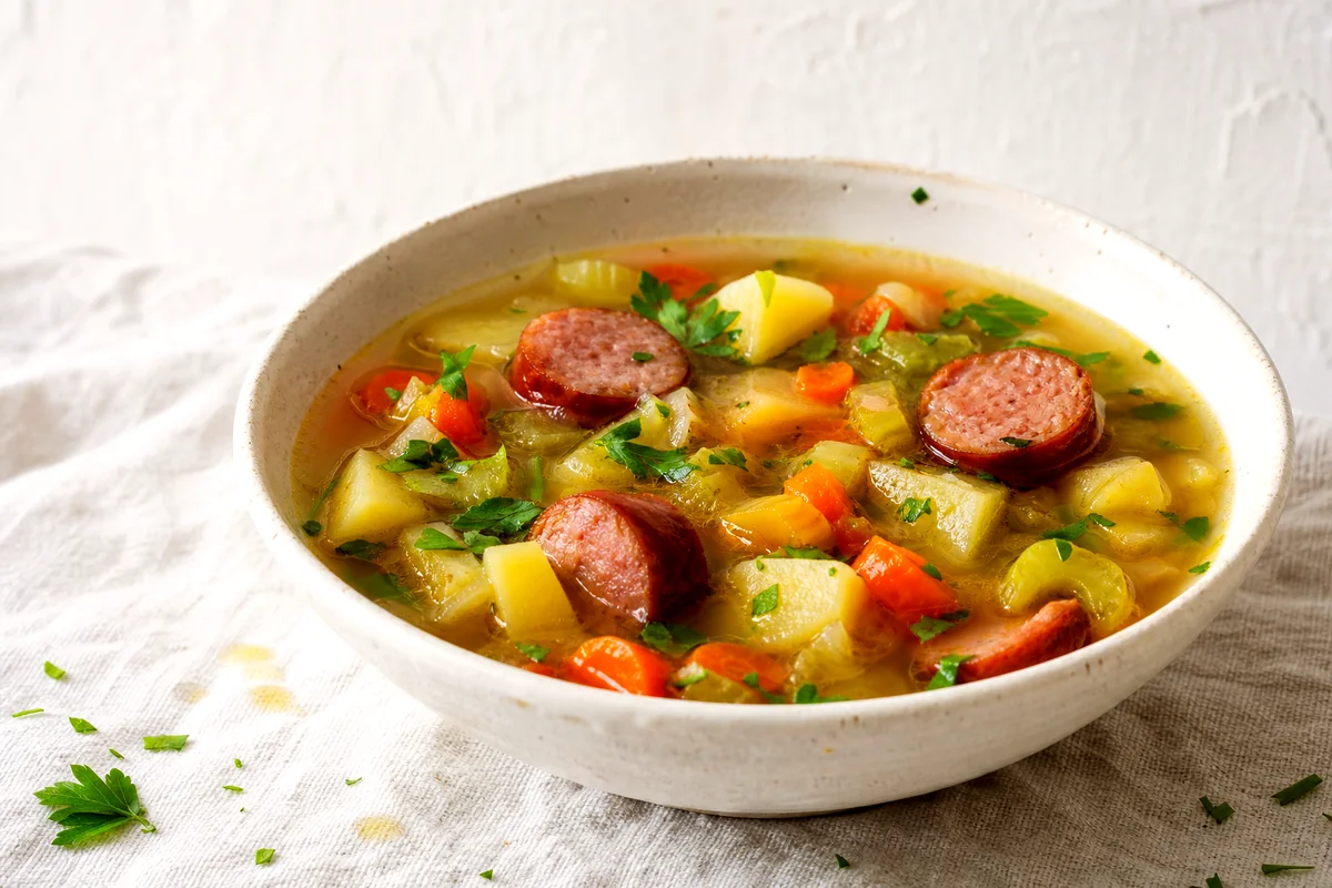 White bowl of German potato and sausage soup with potatoes, carrots, sausage, leek, and parsley