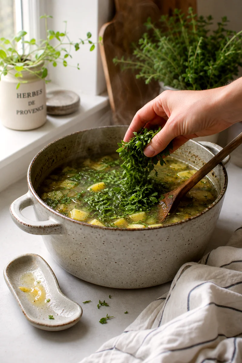 Chopped fresh herbs being stirred into a pot of potato and vegetable broth soup