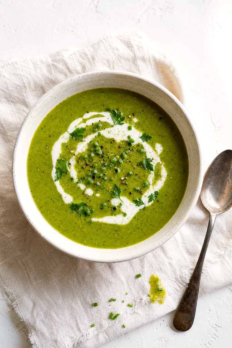 Bright green creamy herb soup with cream swirl, chives, parsley, and black pepper viewed from above
