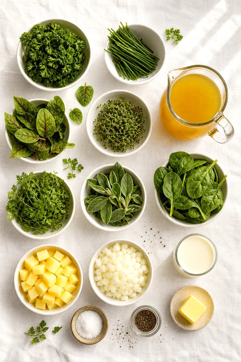 Parsley, chives, sorrel, cress, chervil, borage, spinach, potatoes, onion, broth, cream, butter, salt, and pepper on white linen